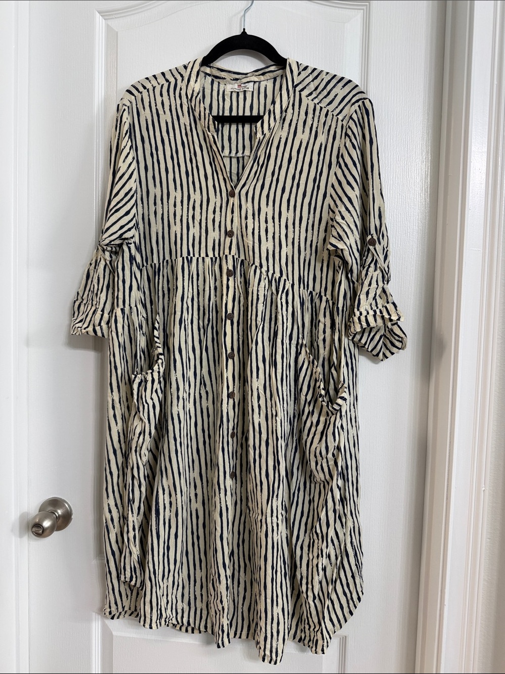 Casual Button-Front Midi Dress in Cream and Black Stripe